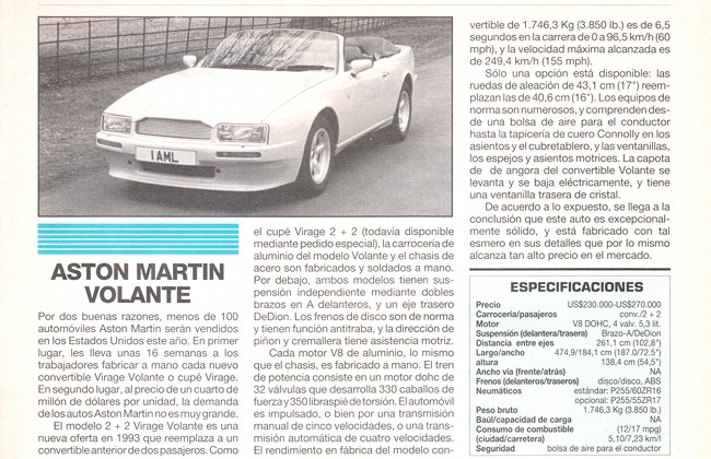 Aston Martin Volante - Agosto 1993