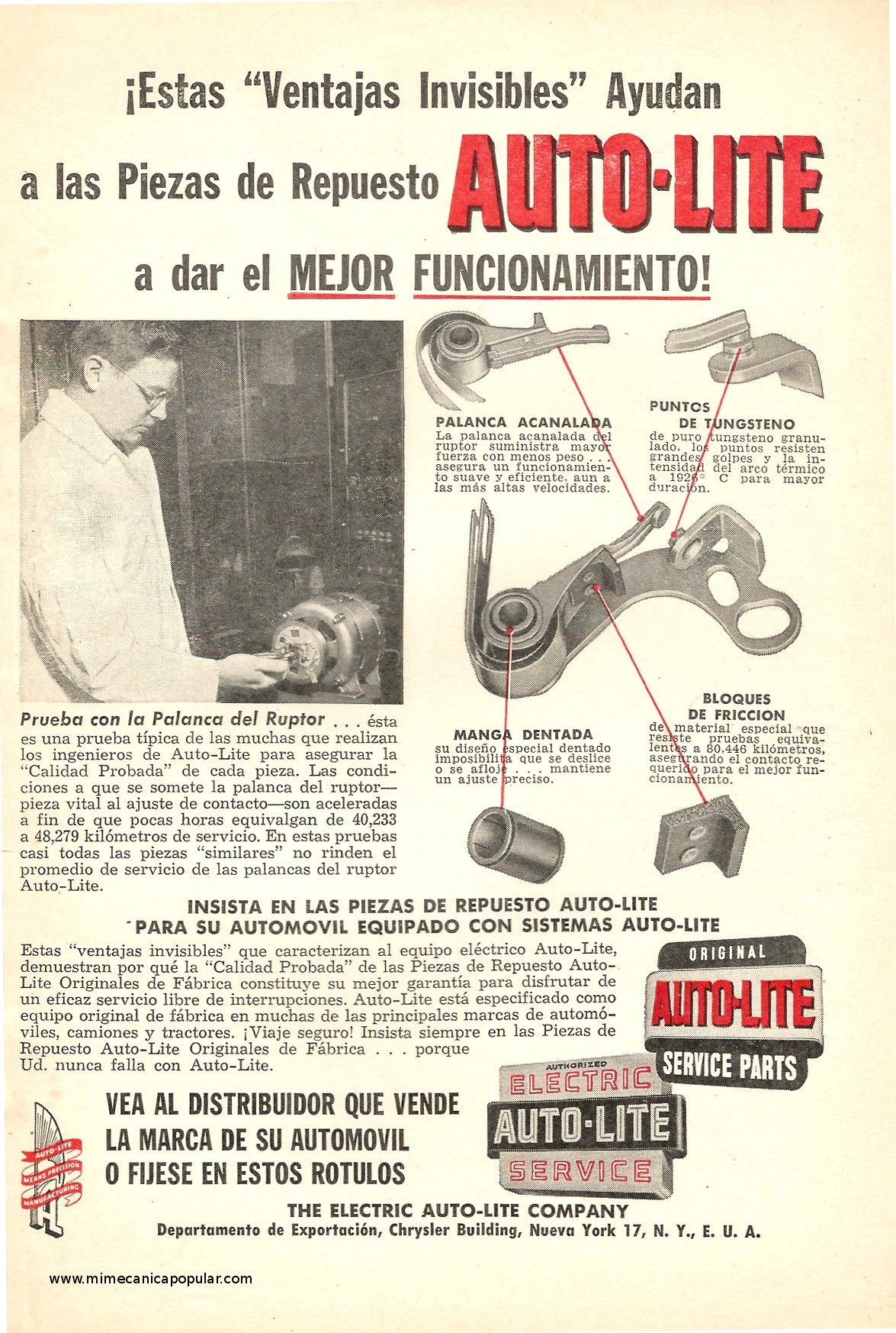 Publicidad - Piezas de Repuesto AUTO-LITE - Agosto 1954