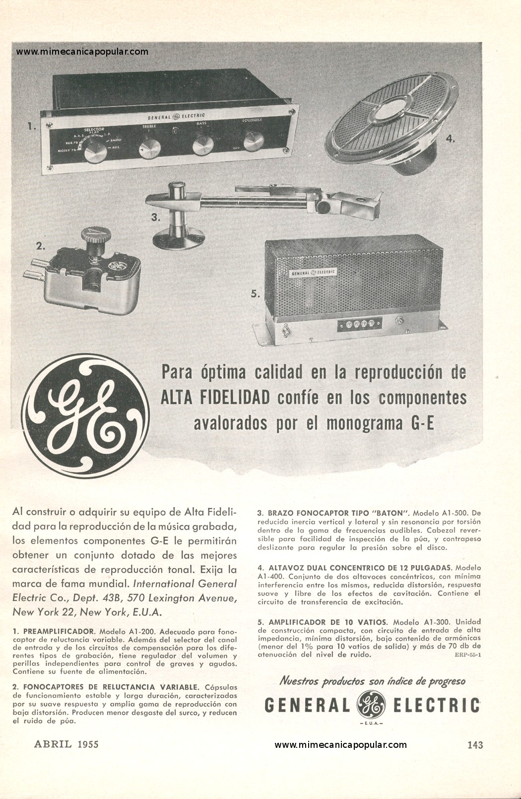 Publicidad - Equipo de Alta Fidelidad General Electric - Abril 1955