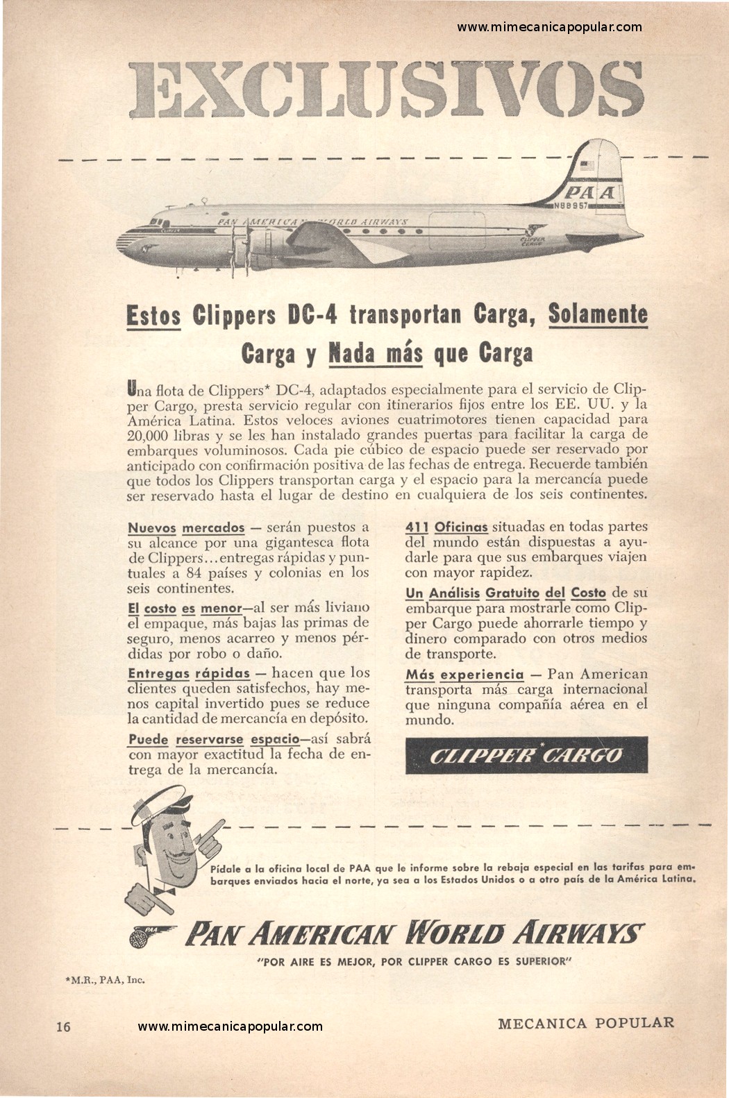Publicidad - Clipper Cargo - Pan American World Airways - Marzo 1954