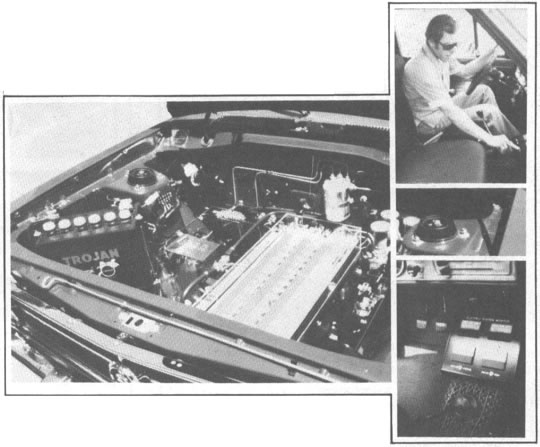 Sentado ante el manubrio de su Datsun convertido a fuerza eléctrica aparece el autor Bill Willimas (foto superior derecha). Al automóvil se le añadieron ciertos medidores (foto derecha) y en el compartimiento del motor (foto de arriba) van instalados el motor eléctrico y el control.