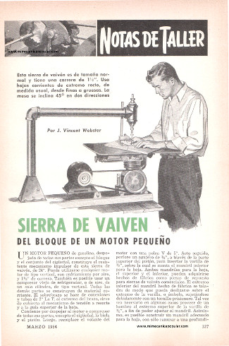 Sierra de vaivén del bloque de un motor pequeño - Marzo 1954