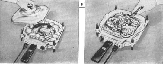 8. ARTEFACTO DE COCINA de utilidad doble que tiene una sartén en un lado y un asador en el otro, pudiéndose emplear ambos al mismo tiempo. Se enchufa en cualquier toma corriente ordinario