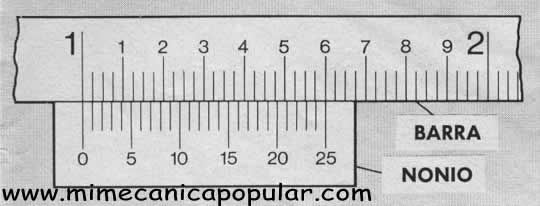En los nuevos modelos rara vez se usa la escala corta de 25 divisiones que se emplea tanto en los calibradores de viejo diseño. La escala en la barra se halla dividida en décimos de pulgada, y cada décimo se encuentra dividido en cuatro partes o graduaciones de 1/40. El nonio subdivide estas graduaciones de 1/40 en 25 partes, cada una de las cuales equivale a una milésima de pulgada.