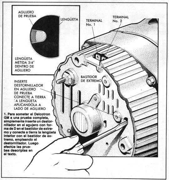 1. Para someter el Delcotron GM a una prueba completa, simplemente inserte un destornillador en el agujero con forma de D en el bastidor de extremo y conecte a tierra la lengüeta interior con el bastidor de extremo, empleando el destornillador. Luego efectúe las pruebas descritas en el texto