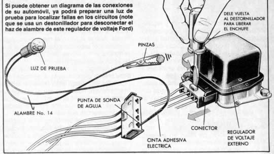 Si puede obtener un diagrama de las conexiones de su automóvil, ya podrá preparar una luz de prueba para localizar fallas en los circuitos (note que se usa un destornillador para desconectar el haz del alambre de este regulador de voltaje ford)