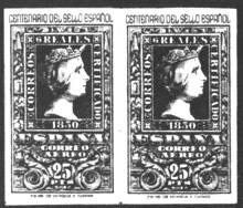 Pareja de sellos, imperforados, emitidos el año de 1950, Centenario del Sello Español