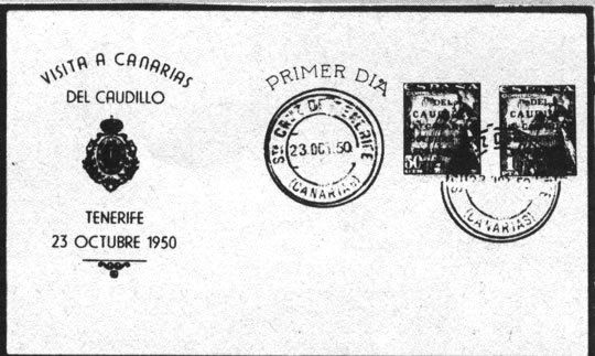 Sobre de Primer Día, con ilustración impresa que concuerda con los sellos emitidos en ocasión de la visita de Franco a Canarias 