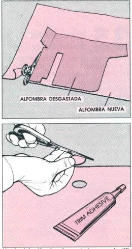 Use la vieja alfomra desgastada como plantilla para cortar la nueva. Tomando pedazos ocultos a la vista, podrá hacer las reparaciones menores.