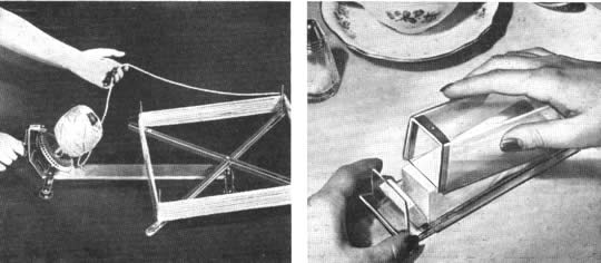 NOVEDADES Para el Hogar - Marzo 1951 -  DEVANADOR con manivela en sólo dos minutos transforma una madeja en una bola bien hecha -  MANTEQUILLERA hecha de plástico transparente, que guarda la mantequilla y la divide en trozos iguales.