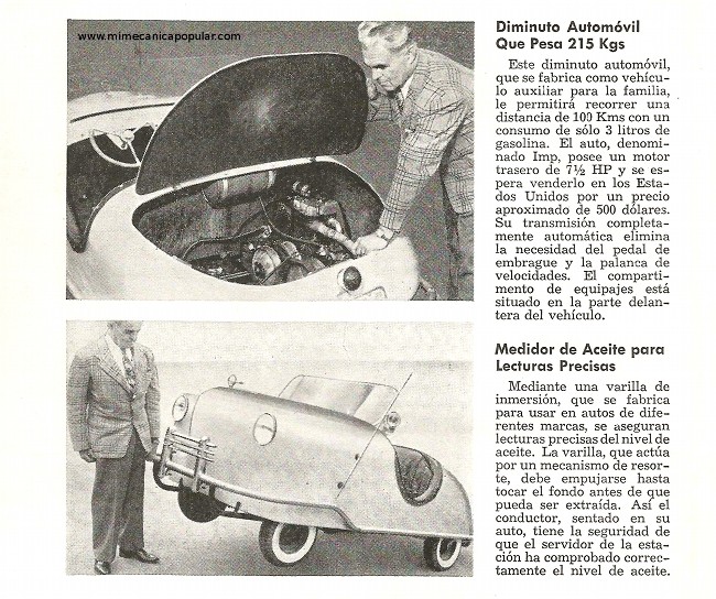 Diminuto automóvil que pesa 215 kgs - Enero 1950