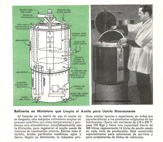 Refinería en miniatura que limpia el aceite para usarlo nuevamente - Enero 1950