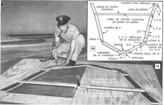 Clic en la imagen para ver más grande y claro - Como construir el "SEA CRAFT" - Crucero de Cabina de 7.6 Metros - Parte I - Las cuadernas, las juntas y las barras de unión se montan directamente sobre el patrón de tamaño natural, para asegurar un alineamiento exacto. El constructor perfora a través de las cuadernas y juntas