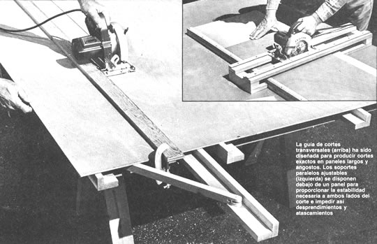 La guía de cortes transversales (arriba) ha sido diseñada para producir cortes exactos en paneles largos y angostos. Los soportes paralelos ajustables (izquierda) se disponen debajo de un panel para proporcionar la estabilidad necesaria a ambos lados del corte e impedir así desprendimientos y atascamientos