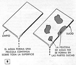 Figura No. 8 - Cuando el cuerpo est&aacute; limpio, el agua forma sobre su superficie una pel&iacute;cula continua que no se rompe
