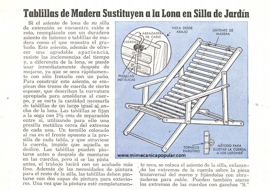 Tablillas de madera sustituyen a la lona en silla de jardín - Junio 1948